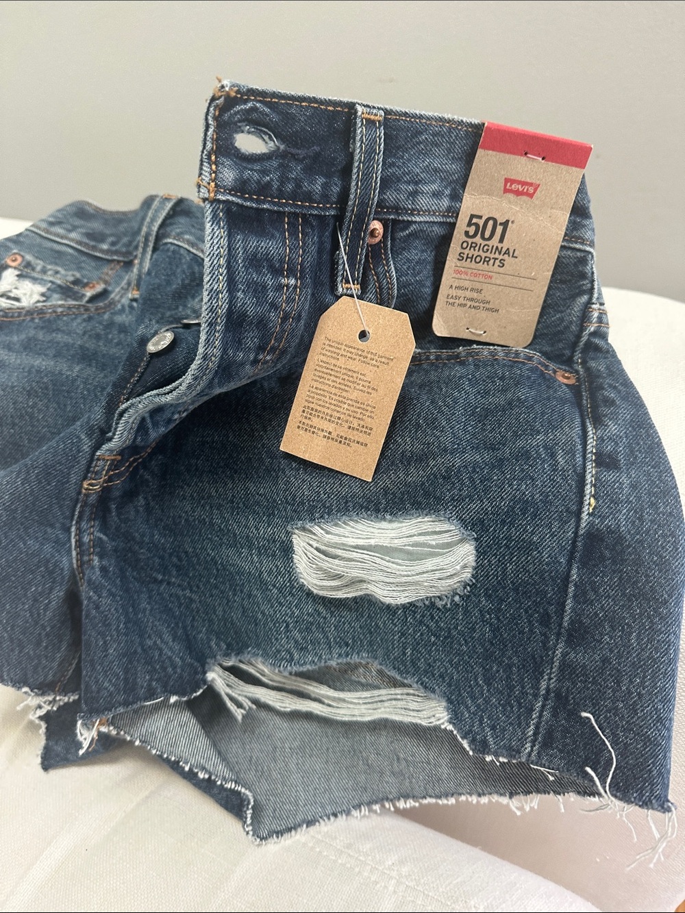 Levi's Women's Distressed Dark Blue 501 Denim Shorts